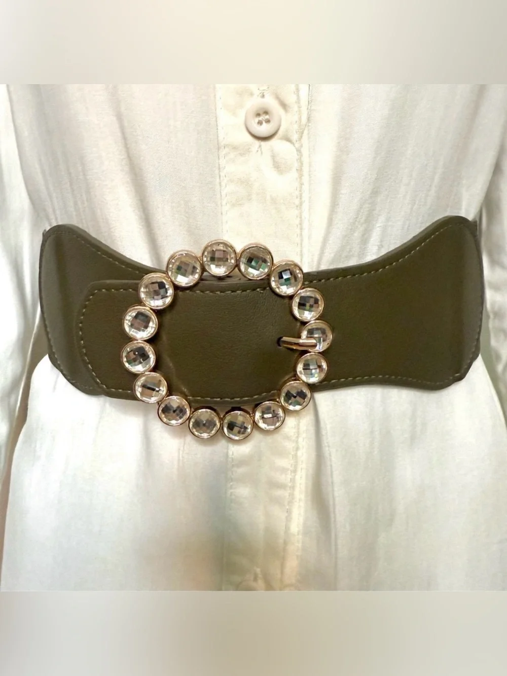 Olive green PU leather circle buckle rhinestone details elastic waistband belt